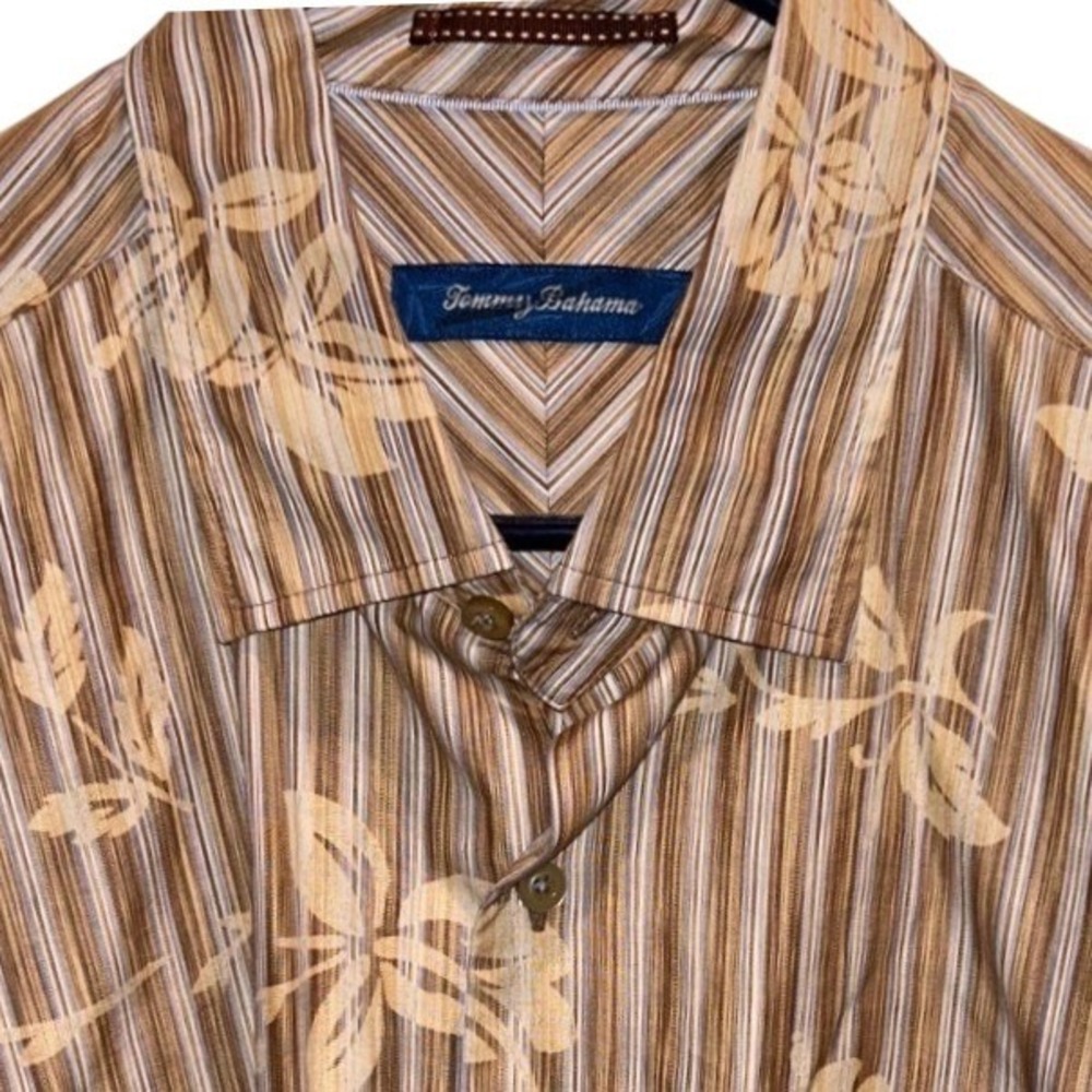 Tommy Bahama Button Up Shirt Large Mens Brown Silk Blend Striped Floral Long Slv